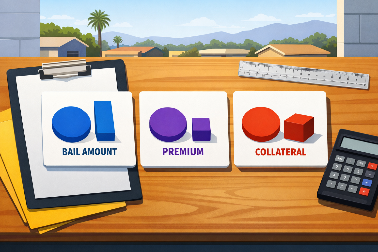 How the Bail Bond Cost Is Built Illustrative desk scene separates bail amount, premium, and collateral into clear visual components.