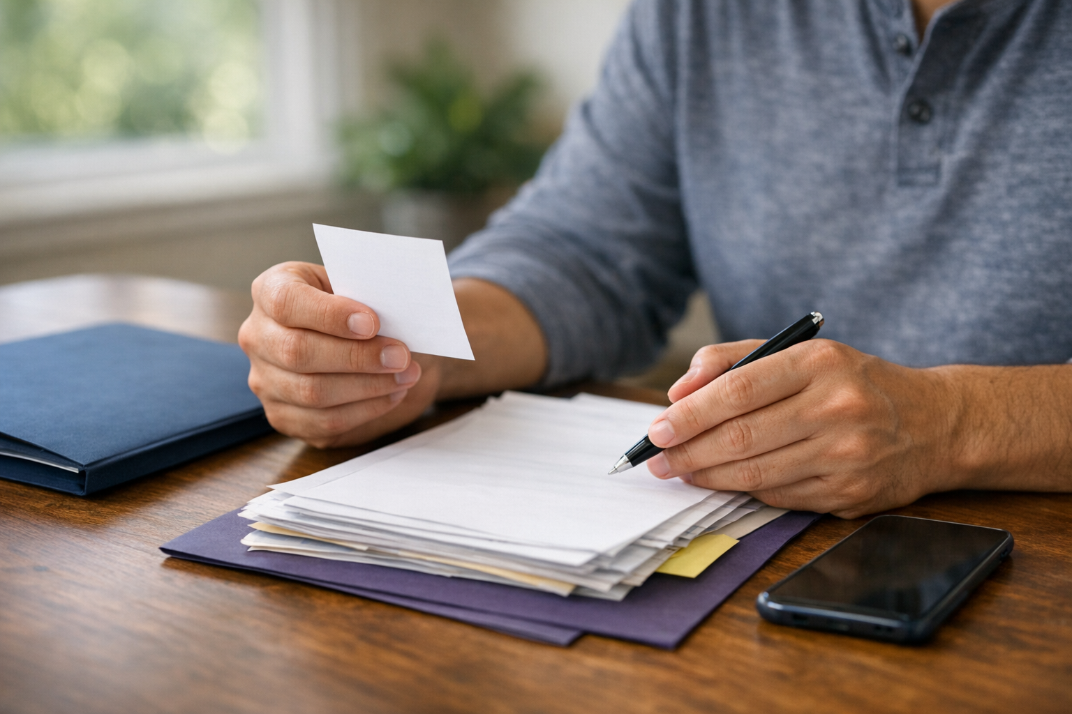 Adult organizes blank receipts and documents beside a phone while checking bail information for mismatches.