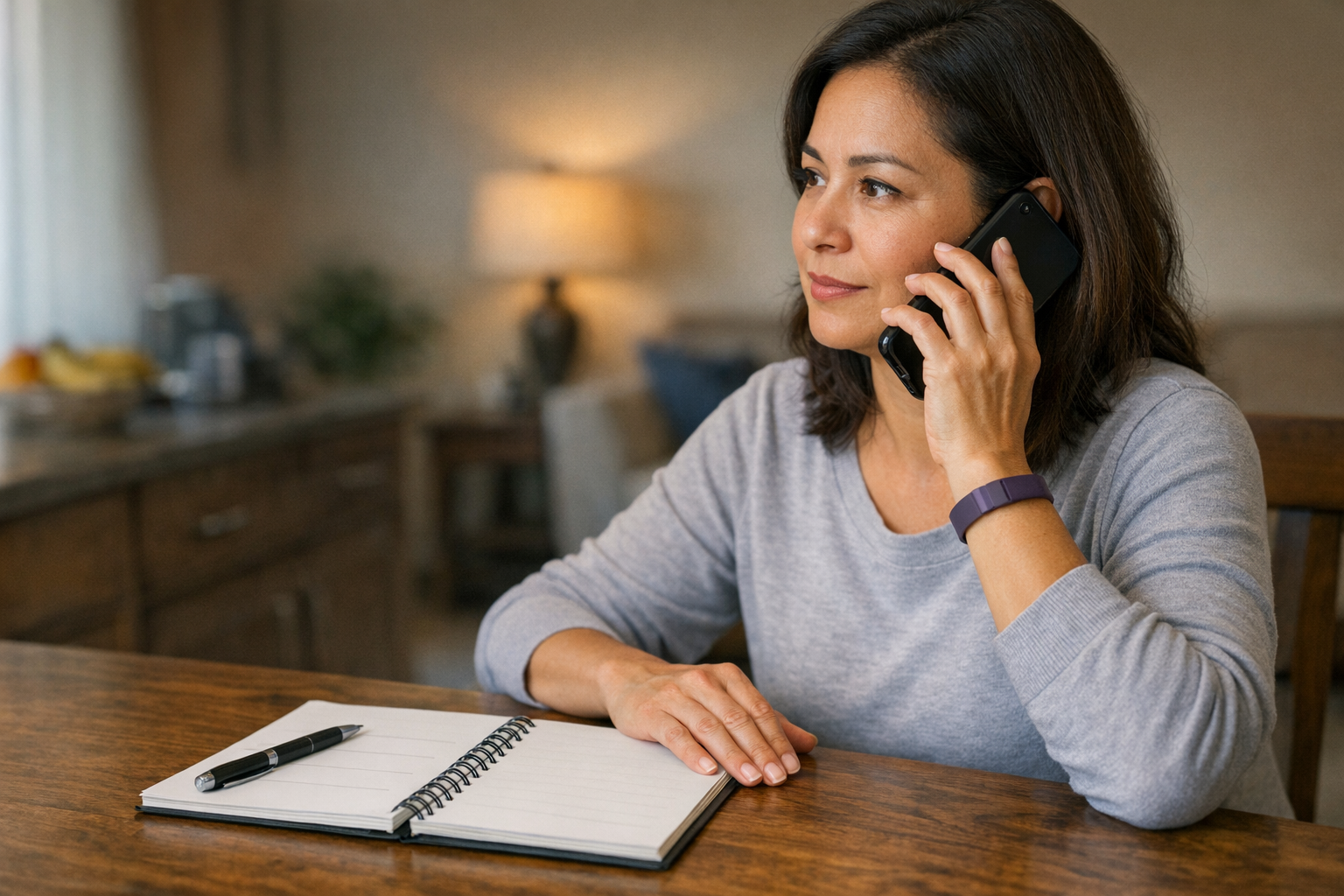 Family member makes a focused phone call beside a notebook with four blank spaces for tracking release questions.