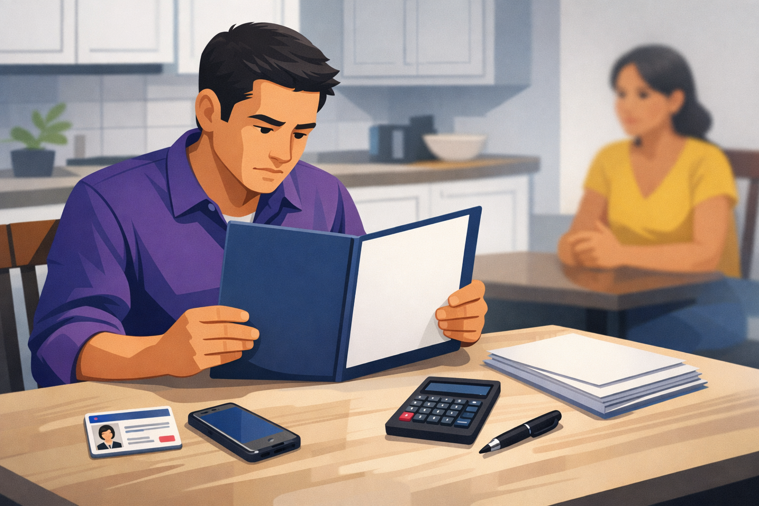 Illustrative co-signer reviewing blank bail bond papers with identification, phone, and calculator at a home table