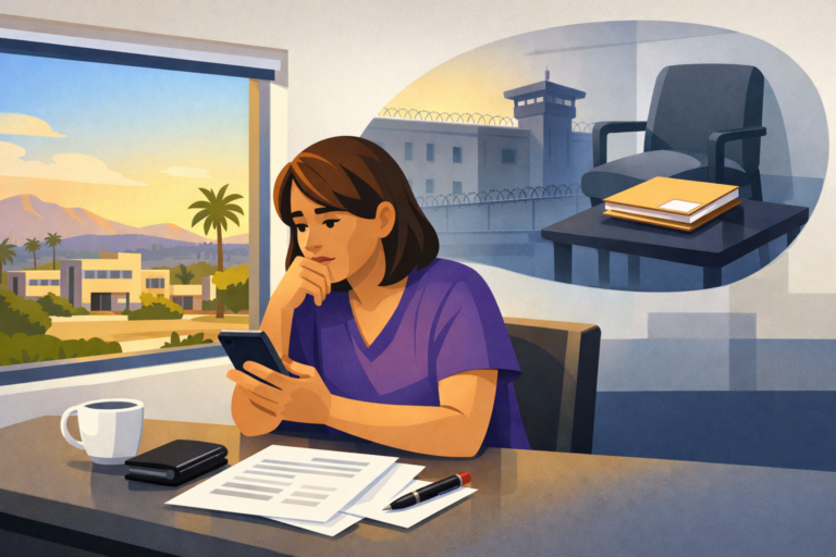 Illustrative family member reviews booking papers and a phone while waiting for possible detention center release.