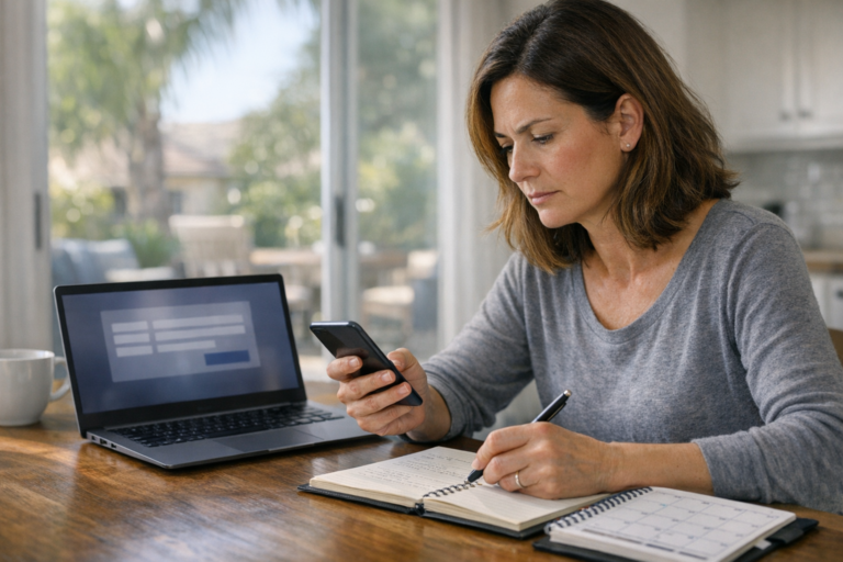 Concerned family member checks an official custody search while organizing arrest details at home.