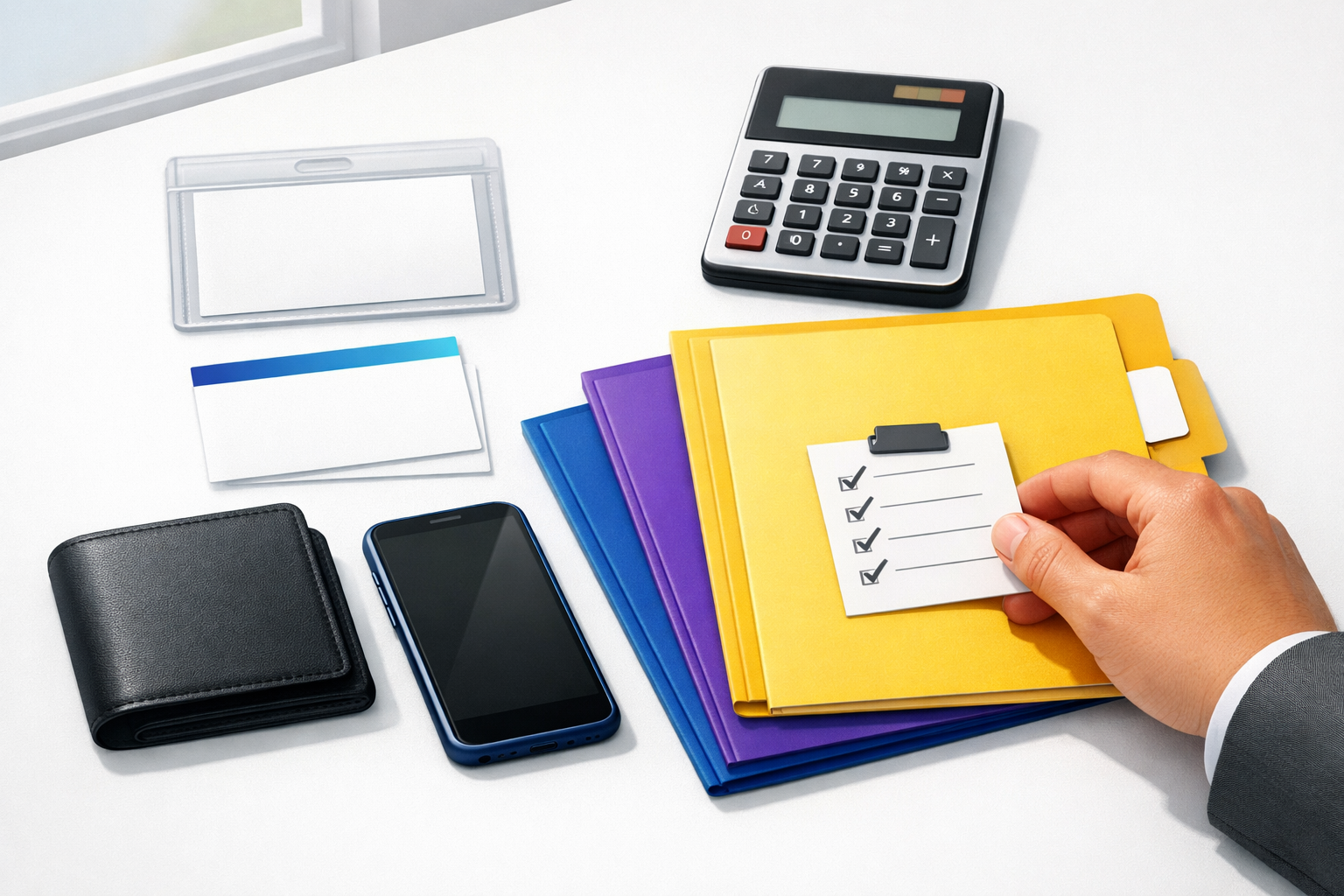 Illustrative tabletop arrangement of blank folders, identification, phone, wallet, and calculator for bond preparation