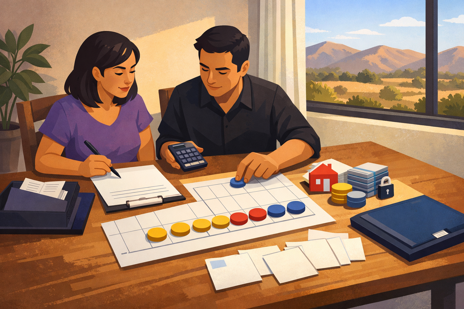 Planning the Total Bond Payment Illustrative household organizes receipts, a blank calendar, and payment tokens to review a bond’s total cost.