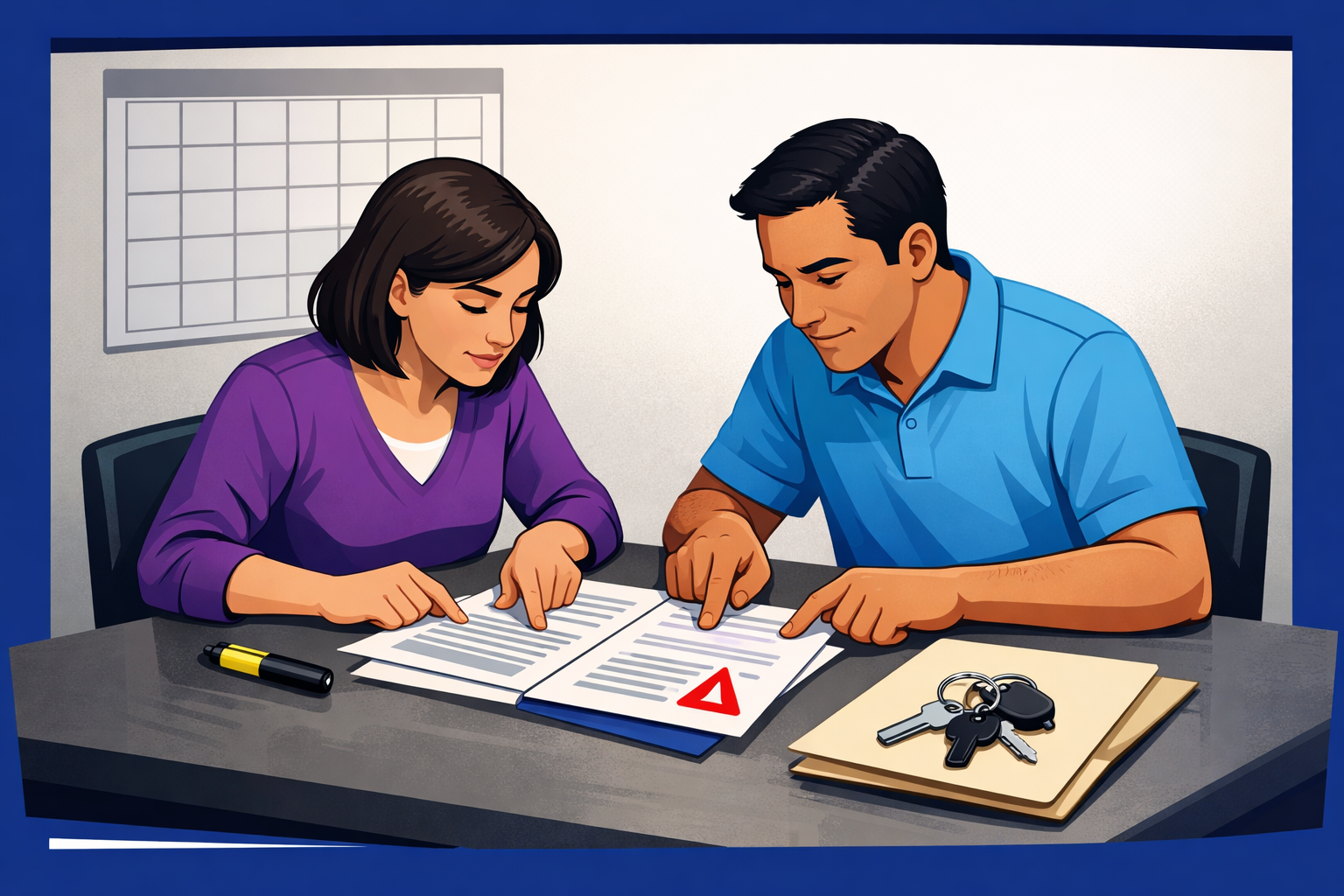 Illustrative adults reviewing a blank bond agreement beside an unmarked folder and calendar grid