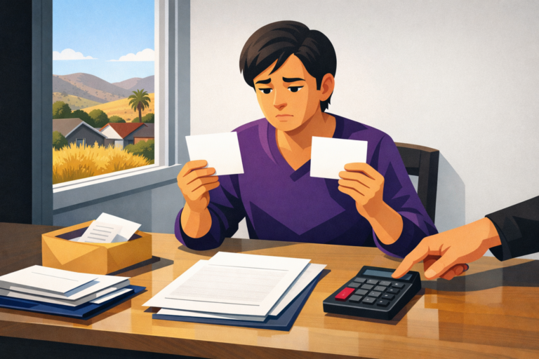 Illustrative family reviews a bail bond agreement, calculator, and payment options at a home table in Southern California.