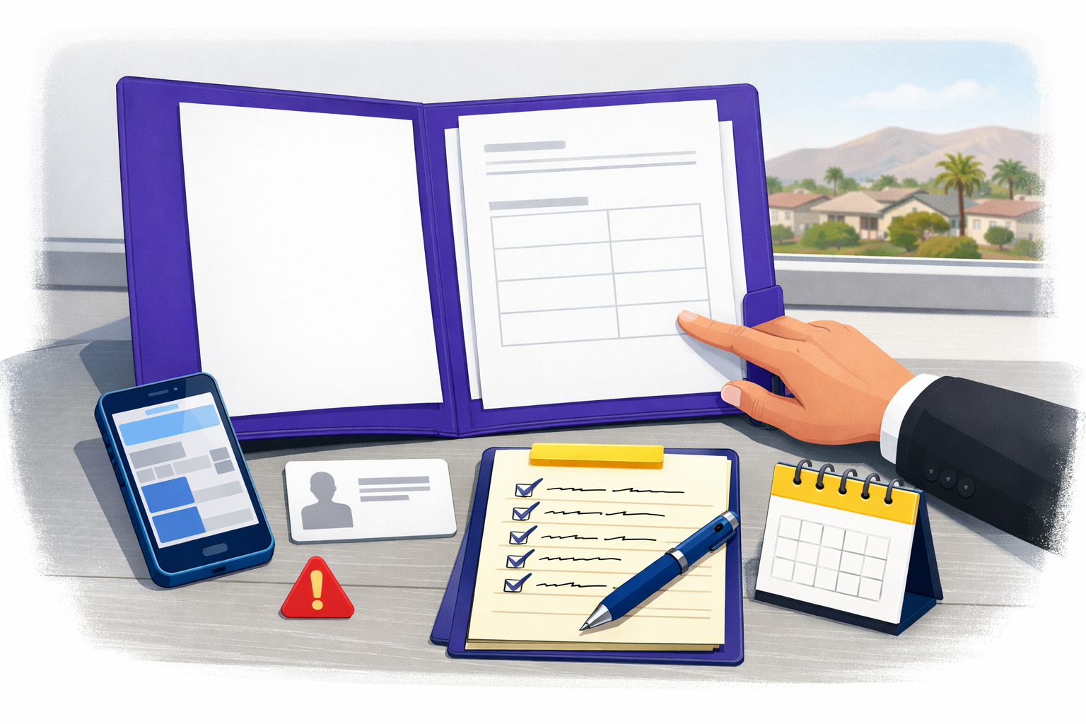 Checking Booking Details Before Payment Illustrative desk scene with blank booking papers, phone, identification card, and checklist prepared for bail verification.