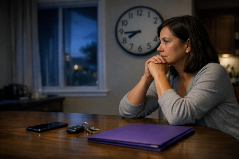 Family member waits beside a phone, keys, folder, and clock while release processing remains unfinished.